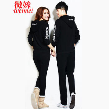 微妹2016秋冬装大码加绒加厚男女情侣装卫衣三件套休闲套装1086黑色XXXL 黑色 女L(90-105斤)