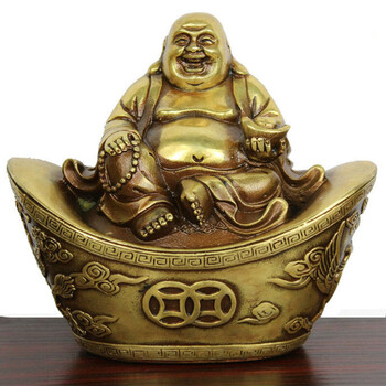 铜器 坐元宝弥勒佛摆件 铜佛像弥勒佛工艺品福星高照招财进宝