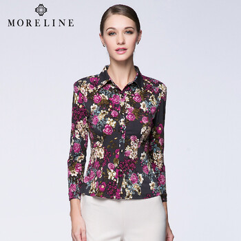 
                                        沐兰MORELINE春季新品女装长袖印花大花修身显瘦显瘦衬衫女 7155581 图片色 44                