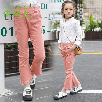 耐丝女童牛仔裤儿童九分裤2018春季新品百搭毛边长裤时尚休闲裤 粉色