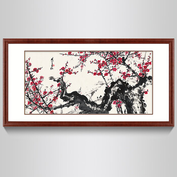 弘舍 中式客厅装饰画书房挂画办公室壁画原作版画 红梅盛开 古韵原木