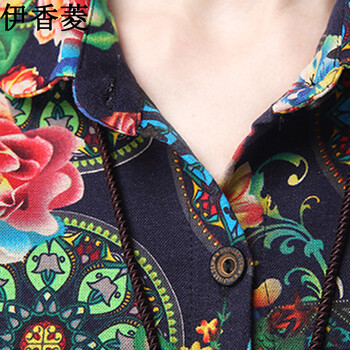 伊香菱2016秋装新款女装中长款棉麻衬衣外套印花长袖衬衫 Y8198 图片色 M