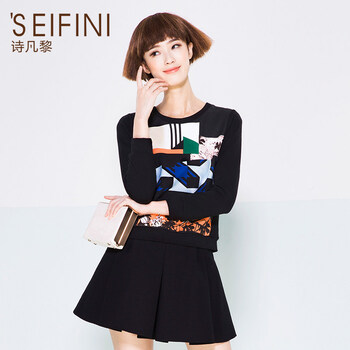 诗凡黎2015秋装新款几何印花卫衣休闲服修身打底上衣女6570733465 黑色 M