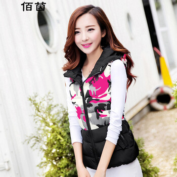 佰茵2015冬装新款女迷彩羽绒连帽背心修身棉衣马甲 迷彩绿 XXL