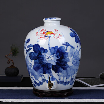 瓷意静 景德镇陶瓷手工绘画荷花酒坛酒瓶酒壶黄酒酒缸泡酒瓶 30斤酒坛