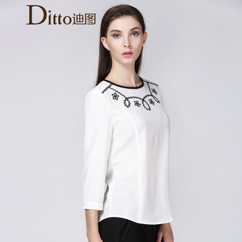 Ditto迪图2015秋装新品时尚绣花圆领长袖衬衫女TLCM106 米白色 XL