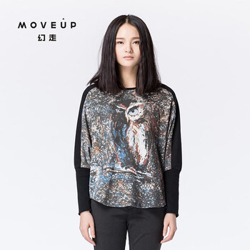 MOVEUP幻走 2015新品猫头鹰印花蝙蝠袖不规则拼接宽松牛仔套头卫衣女 牛仔黑 165/84A/M
