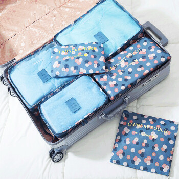 阔动 旅行收纳包袋套装防水袋六件套行李整理袋洗漱包 蓝色雏菊