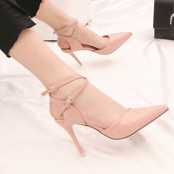 春夏新款高跟鞋包头一字扣单鞋细跟浅口交叉带尖头后空女凉鞋 粉色 34