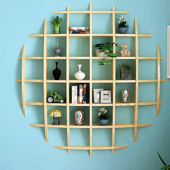 升升有财 客厅置物架实木茶壶展示架隔板饰品架墙上置物架创意格子架