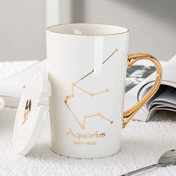 杯子陶瓷情侣水杯简约马克杯带盖勺个性咖啡杯可一对茶杯 水瓶座(白)