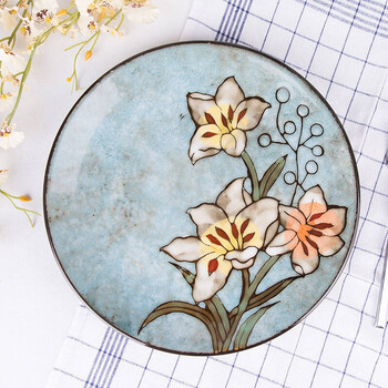 圆碟 韩式手绘牛排点心圆盘 陶瓷盘子 菜盘餐具sn8405 浅绿色-28.5cm