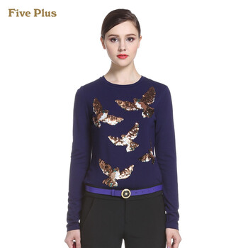 Five Plus新女冬装欧美时尚亮片图案圆领长袖T恤打底衫2144024140 黑紫711 S(160/84A)