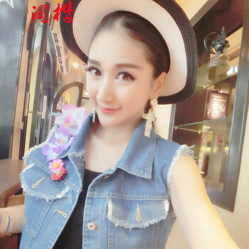闰楷2015新款女装百搭个性立体装饰花做旧牛仔马夹马甲2303 蓝色 S