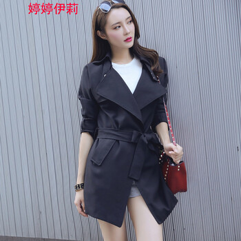 婷婷伊莉2015秋装上新女装韩版修身风衣女中长款外套803 黑色 S