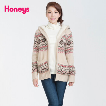 【爆款】Honeys冬季首发青春学院提花连帽羊羔绒短外套女616-32-9077 浅驼色底9 M