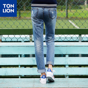 唐狮（TonLion）  女破洞牛仔长裤 6EK322083431 浅牛仔蓝 26