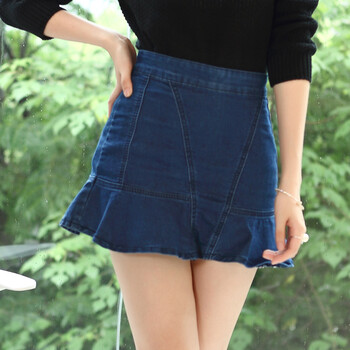衣帛莱 2015韩版牛仔短裙女夏秋花苞半身裙复古荷叶边修身显瘦包臀裙子百搭 蓝色 S