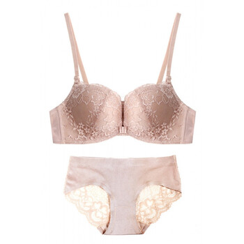 无钢圈前扣蕾丝边女文胸套装 小胸厚聚拢零束缚性感美背内衣 肉色 70a