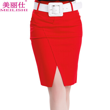 美丽仕2016秋冬装新款时尚OL职业气质百搭红色黑色开叉腰带包臀裙半身裙短裙一步裙6815 红色 M