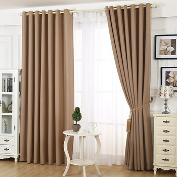 加厚全遮光现代简约亚麻阳台客厅卧室飘窗落地窗成品 卡其色窗帘布
