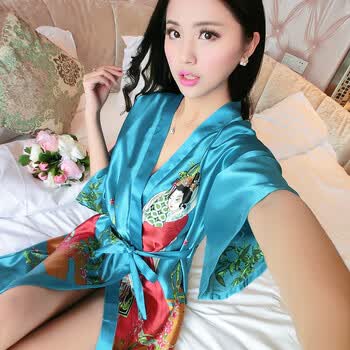 女夏真丝睡衣女性感睡裙睡袍情趣复古和服系带浴袍家居服 湖蓝美女袍