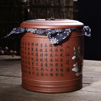 尊壶 宜兴紫砂茶叶罐 陶瓷大号 普洱茶饼密封罐 彩绘七子饼茶罐 清水泥段泥牡丹
