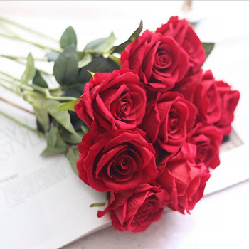 仿真玫瑰花假花套装家用客厅餐桌装饰花摆设花艺干花花束摆件 大红色