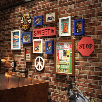 装饰画复古怀旧相框组合服装店收银台背景墙挂画照片墙 0072胡蓝白