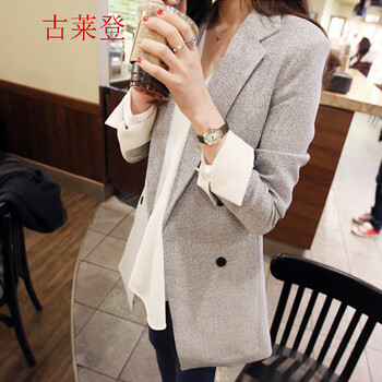 古莱登2015秋冬新款女装韩版修身显瘦小西装时尚休闲西服外套 灰色 L