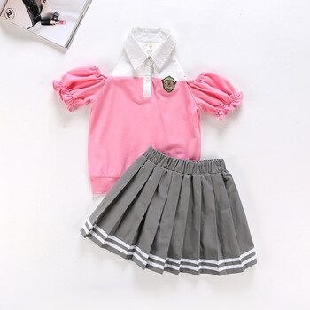 2018夏季新款中小学生儿童时尚露肩英伦校服幼儿园表演服 女童粉色