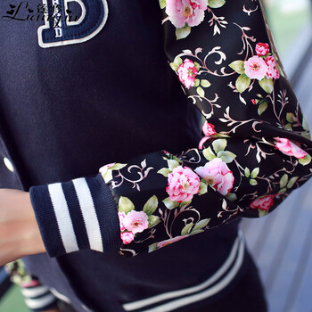 莲吟2016秋装新款棒球服女开衫潮皮袖立领字母卫衣女士修身外套B7171 藏蓝色 S