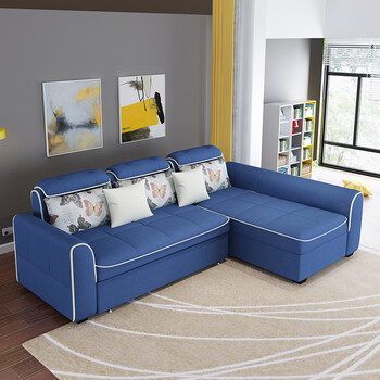 小户型可折叠多功能客厅简约现代沙发床2米3双人组合左右贵妃 灰蓝色