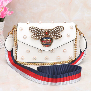 明星同款蜜蜂包2018新款包包小蜜蜂珍珠链条包彩带单肩斜挎信封包