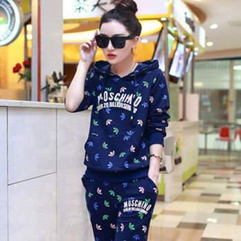 艾语卫衣 女秋装新款休闲套装女士韩版潮连帽长袖修身运动服两件套潮WY811 深蓝色 M