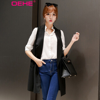 OEHE 2015秋装新款韩版修身中长款棉麻外套女时尚显瘦翻领无袖马甲 黑色 M