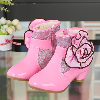 女童高跟靴子公主儿童高跟靴童靴女童短靴韩版单靴冬女童鞋棉靴 粉色