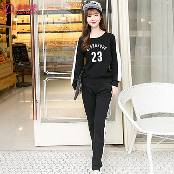 朵迩蒙  2016秋装新款女装韩版休闲运动套装长袖卫衣运动服两件套8431 黑色 L