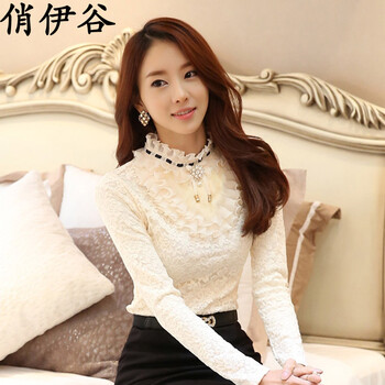 俏伊谷2015秋冬款女装长袖加绒加厚保暖蕾丝打底衫气质优雅显瘦潮流蕾丝雪纺衫 杏色 L