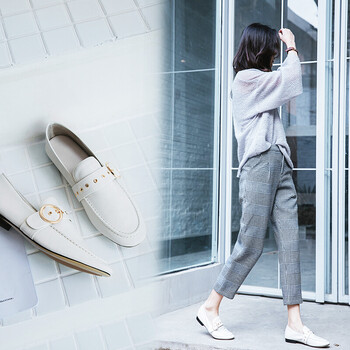 豆豆鞋女2018新款牛津女鞋踩跟软牛皮平底单鞋女 白色 38