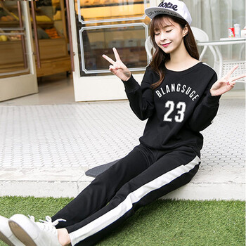 朵迩蒙  2016秋装新款女装韩版休闲运动套装长袖卫衣运动服两件套8431 黑色 L