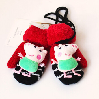 手套冬男孩女童可爱加绒加厚保暖3-6岁宝宝小孩针织小猪佩奇 酒红色