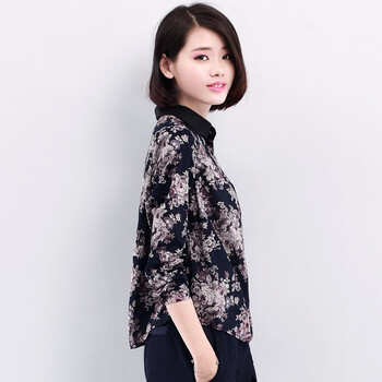DK诚品2016大码女装衬衫女春装新品长袖韩版宽松印花妈妈装棉麻T恤上衣 黑色 2XL