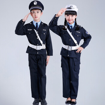 新款儿童警察制服男女小交警全套演出服春秋长袖衬衫长裤 帽子 110cm