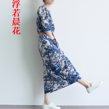 如素慢衣文艺棉麻连衣裙民族风宽松大码女装长裙2766 蓝贵妃 均码