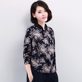 DK诚品2016大码女装衬衫女春装新品长袖韩版宽松印花妈妈装棉麻T恤上衣 黑色 2XL