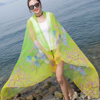 丝巾女长款冰丝纱巾女夏季遮阳沙滩巾披肩女夏 蝴蝶梅绿