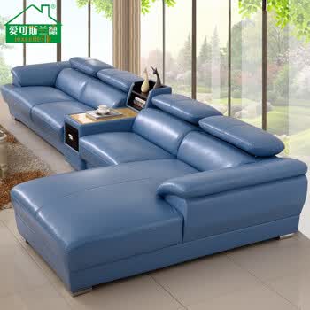 沙发 真皮沙发 大小户型客厅家具头层牛皮 精选实木皮艺沙发 湖蓝色