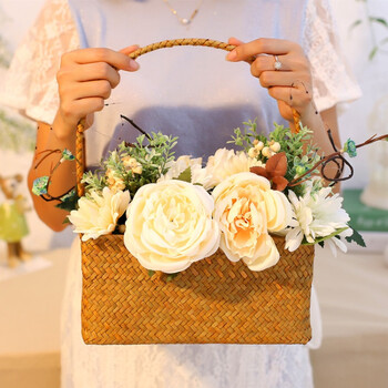 田园复古手工编织长方形天手工然草编插花花篮花器收纳装饰套装lr