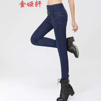 金娅轩冬装女装韩版加绒加厚牛仔裤铅笔裤小脚裤长裤女 黑色加绒 28码
